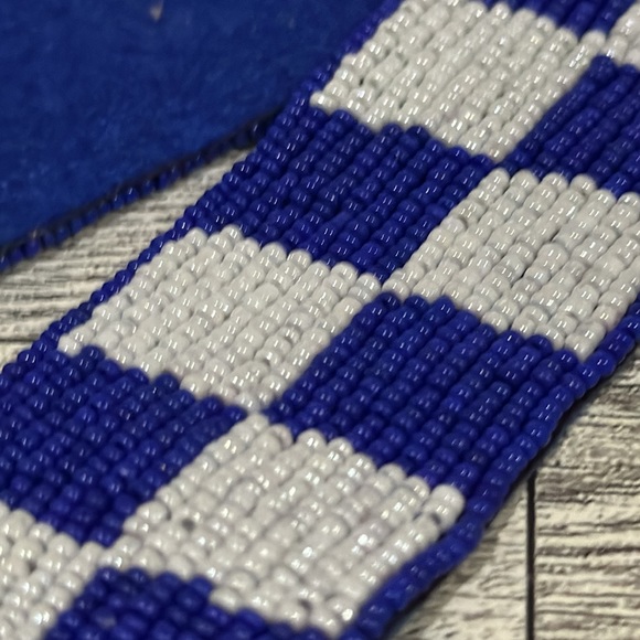 Blue white beaded checkered gold purse strap - Picture 4 of 5